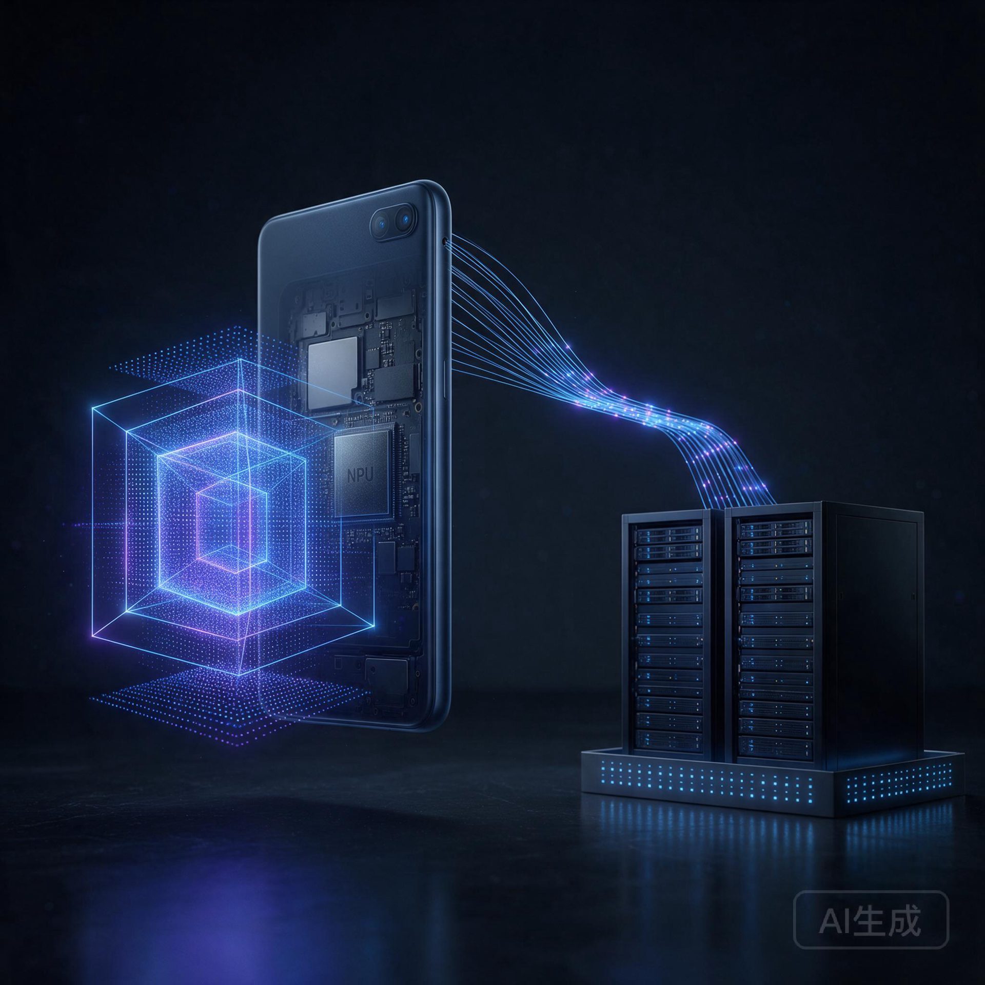 移动端 NPU 与云端推理协同的企业 AI 架构示意